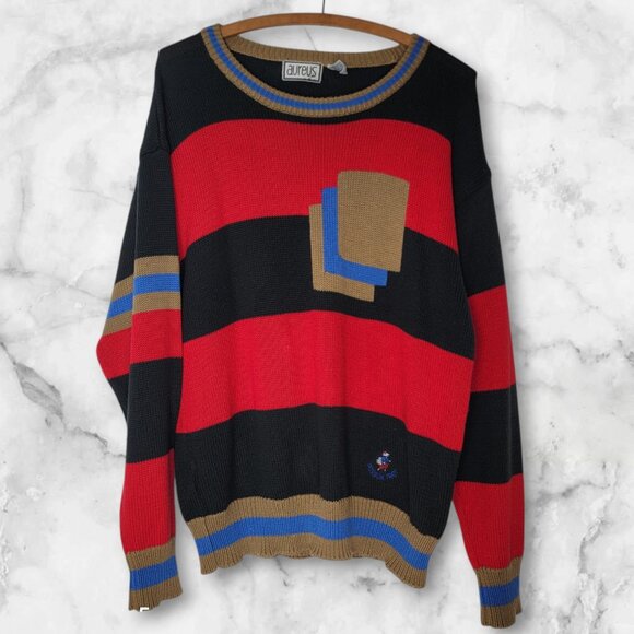 Aureus sweater crew‎ vtg men's size Lg Possum Trot logo retro stripe red black